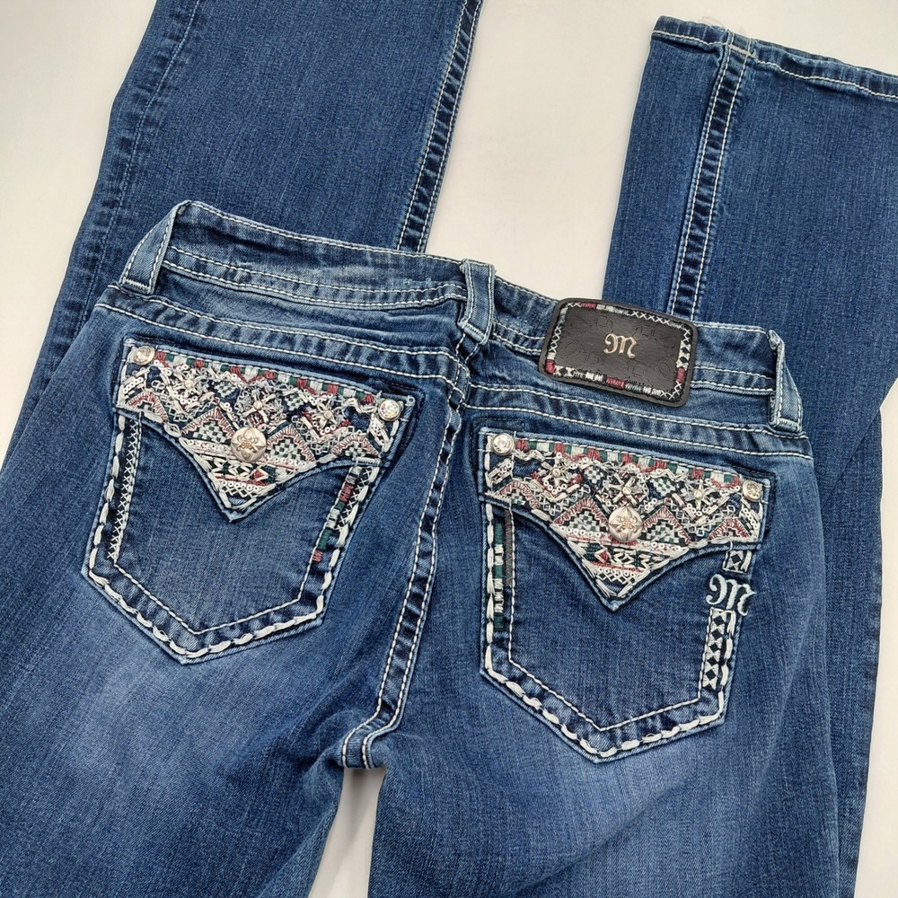 Miss Me Womens Mid-Rise Bootcut Jeans 28 Embroidered Sequin Rhinestone Blue Prep